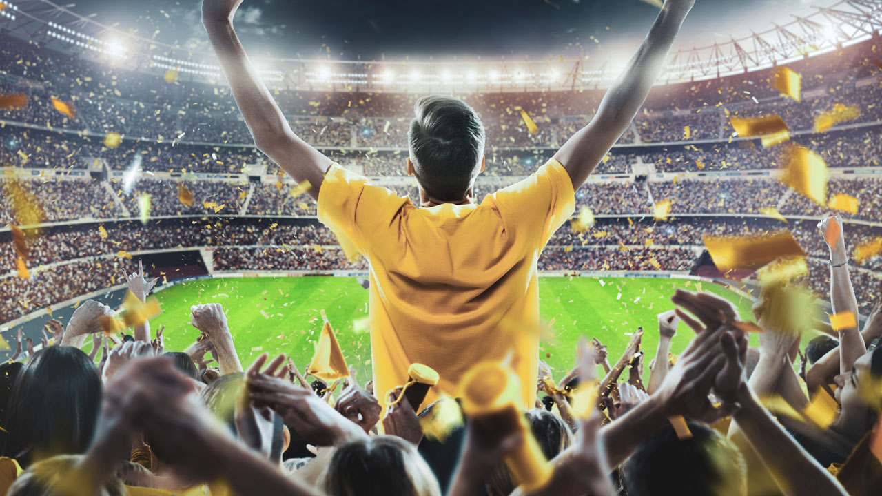 Football stadium with fan in yellow shirt