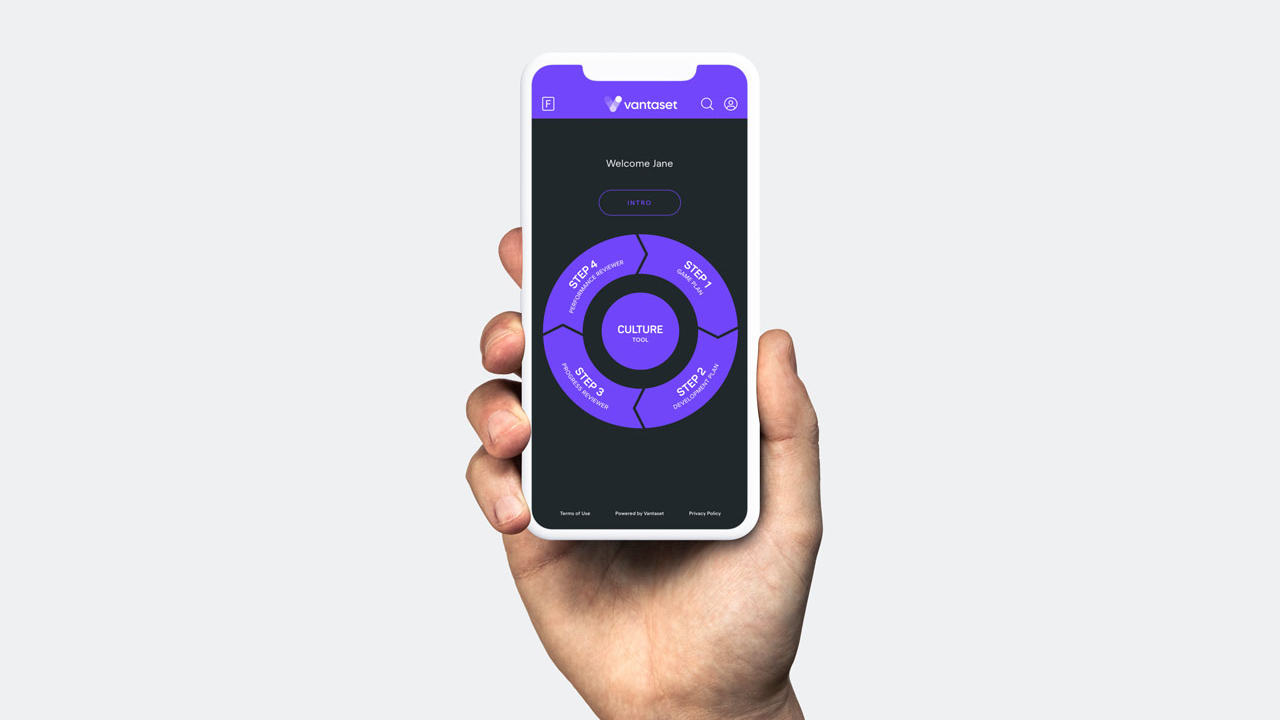 Vantaset app on mobile device held in hand